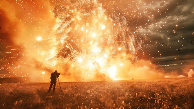 Le photographe capture l'explosion de feux d'artifice dans une vaste caméra de champ en focus