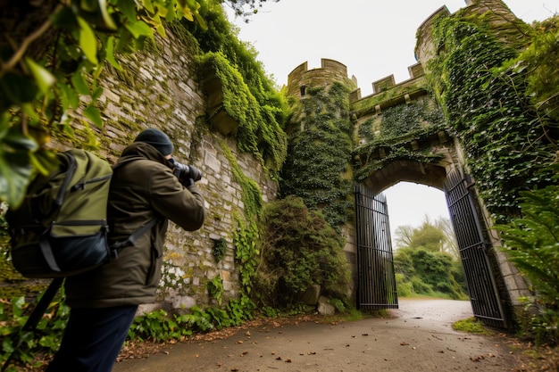 Un photographe capture la porte du château recouverte de lierre.