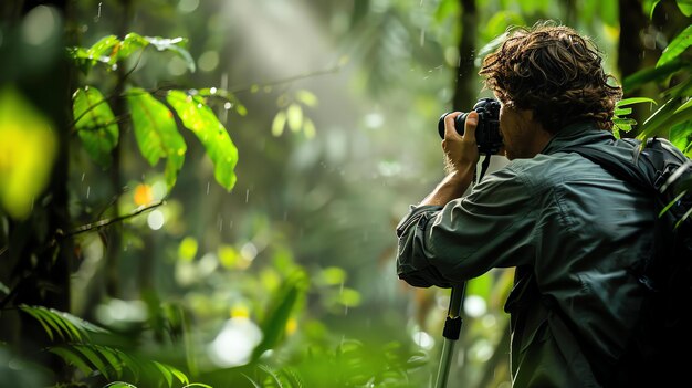 Photo un photographe dans la forêt tropicale prend une photo du feuillage luxuriant