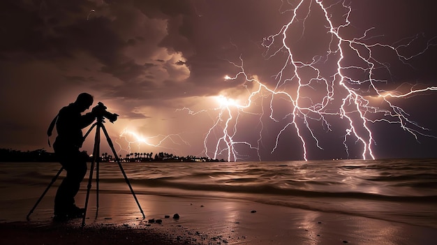 Photo photographe debout sur une plage avec un trépied prenant des photos d'une tempête d'éclairs au-dessus de l'océan