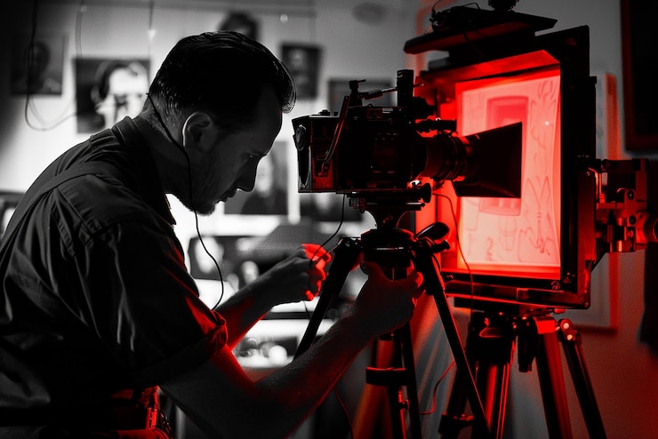 Photo un photographe développe un film dans une pièce sombre sous une lumière rouge