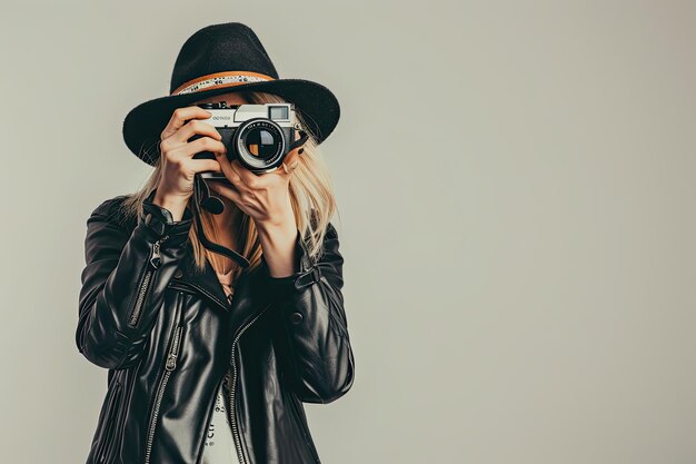 Photographe féminine prenant des photos d'appareil photo vintage sur fond blanc