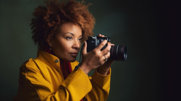 Photographe femme afro-américaine d'âge moyen prenant des photos lors d'une séance photo de mode dans Studio Generative AI AIG22