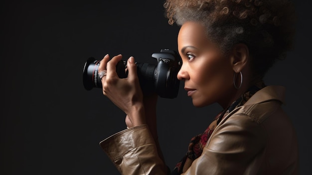 Photographe femme afro-américaine d'âge moyen prenant des photos lors d'une séance photo de mode dans Studio Generative AI AIG22