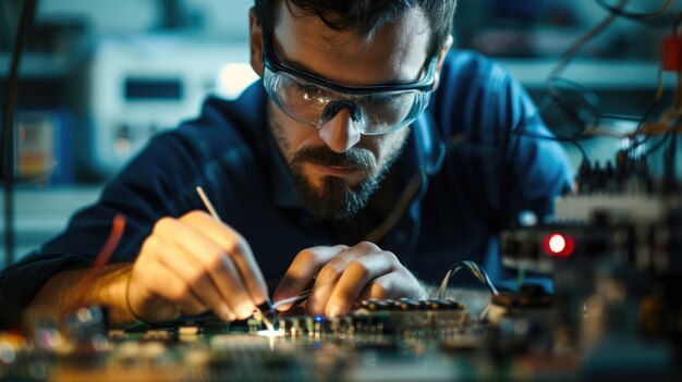 Photographe homme portant des lunettes travaille sur un circuit imprimé dans une pièce sombre aig