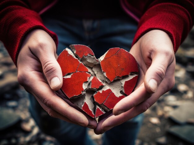 Photographe d'un homme tenant un cœur rouge de pierre brisé