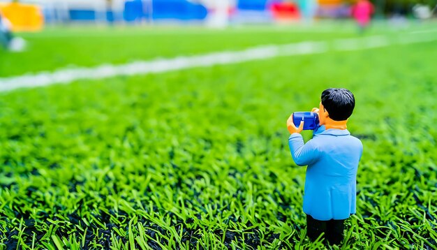 Photographe de jouets en marge d'un terrain de football généré par l'IA