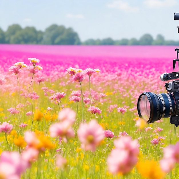 Photographe prenant une photo près de la photo du jardin des fleurs du Cosmos