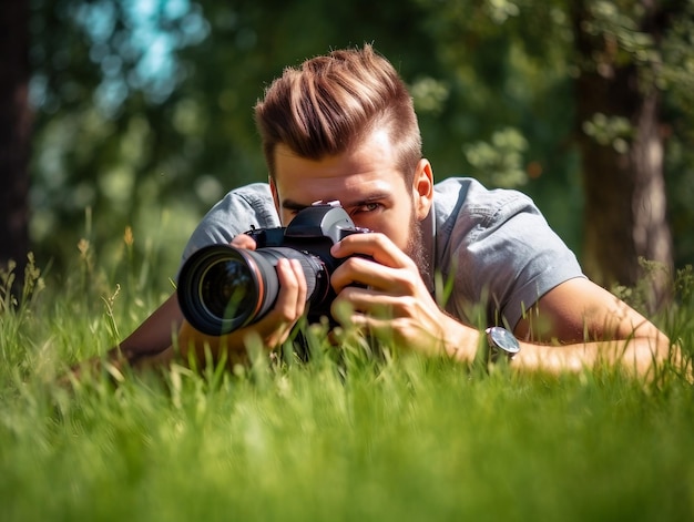 Photographe prenant des photos avec un appareil photo professionnel caché dans l'herbe verte