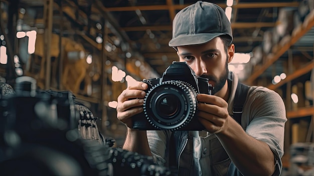Un photographe prenant des photos dans une usine industrielle Generative Ai