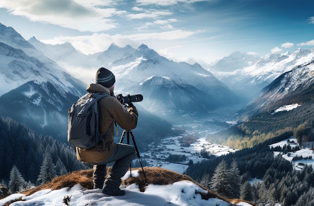 un photographe prend une photo d'un paysage de montagne avec un appareil photo.