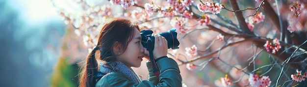 Une photographe prend des photos de belles fleurs de cerisier au printemps