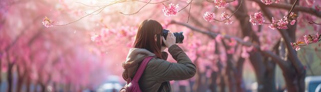 Une photographe prend des photos de belles fleurs de cerisier au printemps