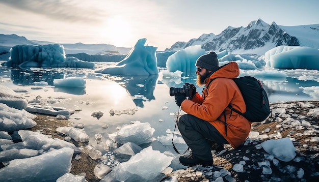 Photo un photographe prend des photos de glaciers qui fondent à cause du réchauffement climatique