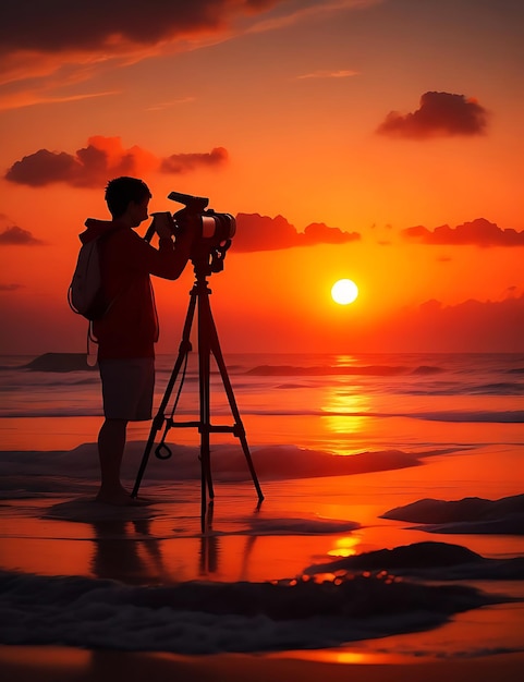 Un photographe qui prend une photo du coucher de soleil