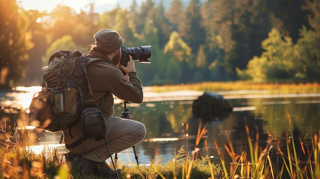 Un photographe s'agenouille sur la rive d'un lac et utilise un trépied pour prendre une photo du magnifique coucher de soleil.