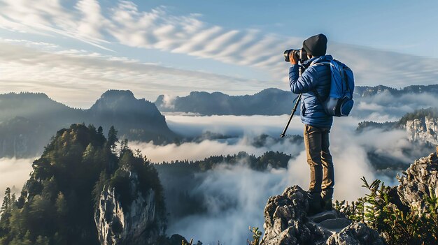 Un photographe se tient sur une falaise rocheuse et prend une photo de la vallée brumeuse en dessous