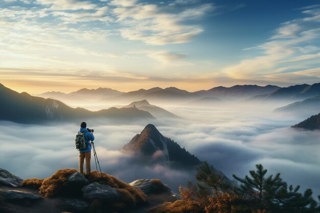 Photographe de voyage prenant des photos d'un paysage naturel au sommet d'une montagne