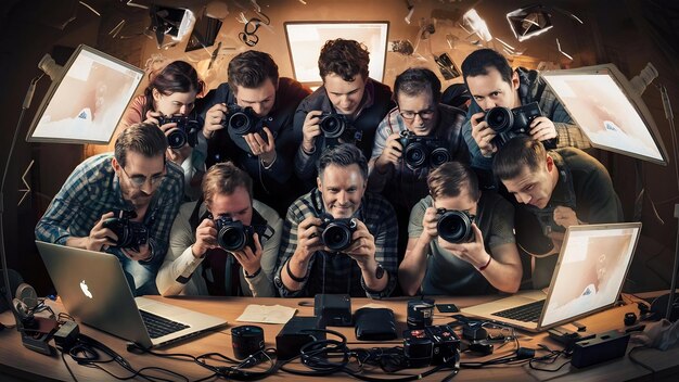 Photo des photographes de coworking avec un gadget à leur bureau