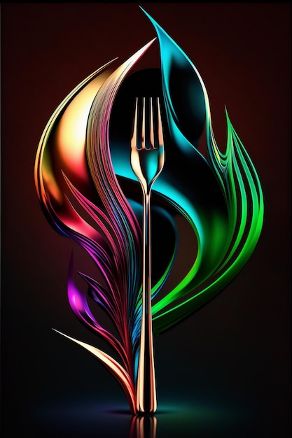 Photographie abstraite aux couleurs vives d'une fourchette et cuillère avec plume ai générative