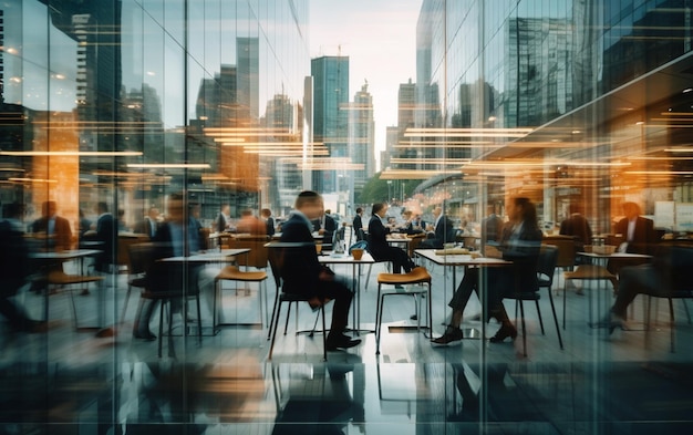 Photographie en accéléré d'hommes d'affaires occupés en mouvement rapide reflétant dans le verre du bâtiment