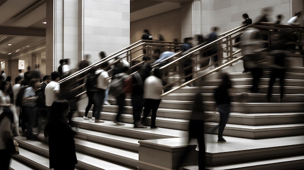 Photographie en accéléré de personnes occupées et en mouvement rapide dans les escaliers d'un immeuble