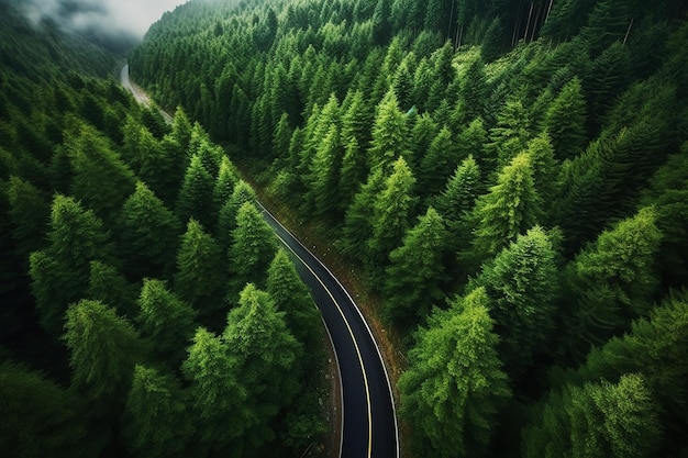 Photographie aérienne d'arbres forestiers et de revêtements routiers