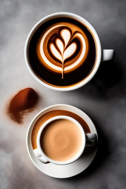 Photographie aérienne d'un cappuccino Mousse de latte décorée Tasse à café avec de la crème dans une soucoupe