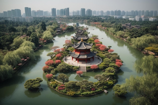 Photo photographie aérienne du paysage du jardin chinois du lac ouest mince à yangzhou