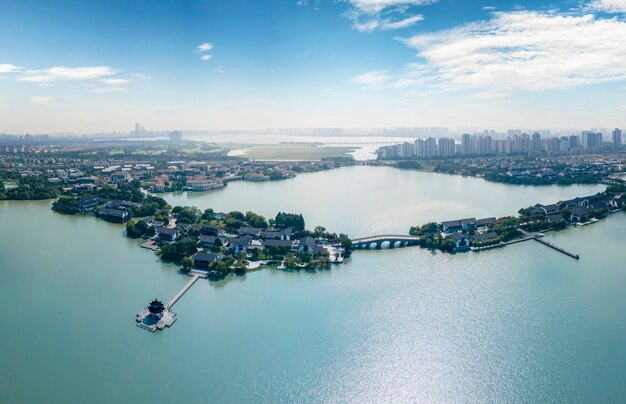 Photographie aérienne du paysage du jardin de la ville de Suzhou