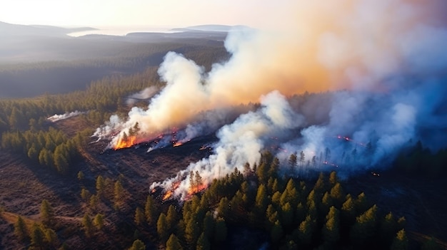 Photographie aérienne à haute altitude d'un incendie dans une forêt