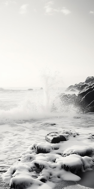 Photo photographie aérienne monochromatique d'une plage rocheuse en hiver