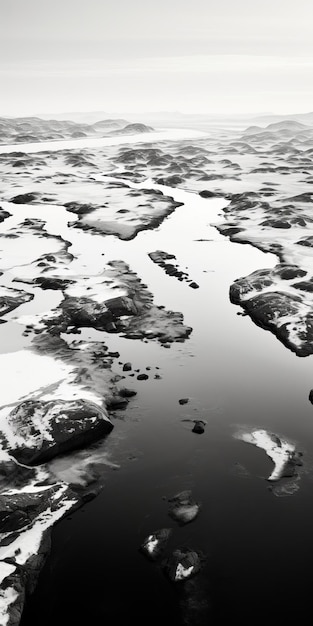 Photographie aérienne en noir et blanc des rivières et des icebergs de l'Arctique