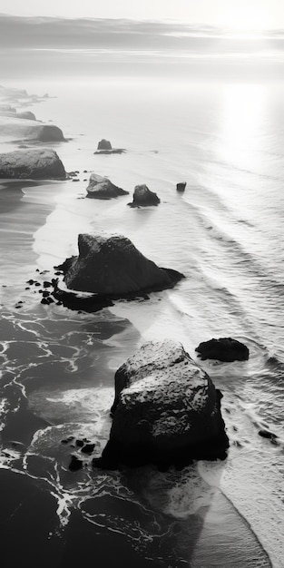 Une photographie aérienne en noir et blanc des rochers de la plage d'hiver