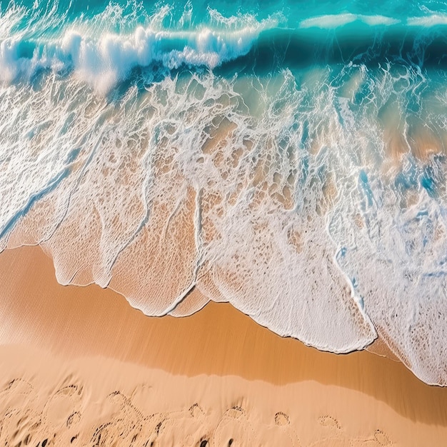 Photographie aérienne d'une plage paradisiaque où les soleils de la mer se brisent sur le rivage