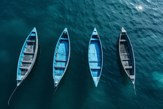 Photographie aérienne sereine de quatre bateaux bleus sur une oasis d'eau ar 32