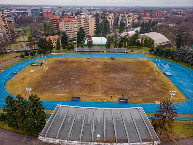 Photo photographie aérienne stade de rugby terrain de rugby photo dal drone della partita ursd vs asr milano rugby