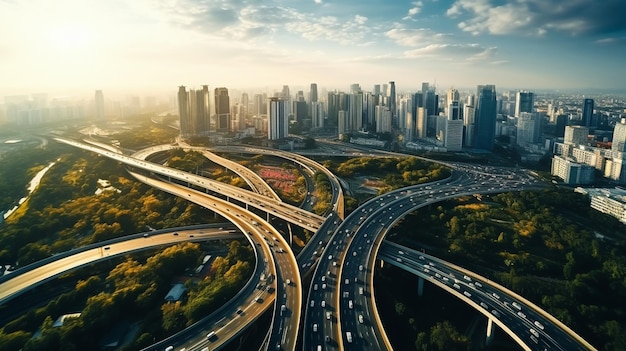 Photographie aérienne vue d'oeil d'oiseau de la ville viaduc pont route paysage urbain paysage génératif AI