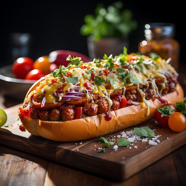 Photographie alimentaire de hot-dogs de rue servis sur un marché alimentaire à New York cinematic