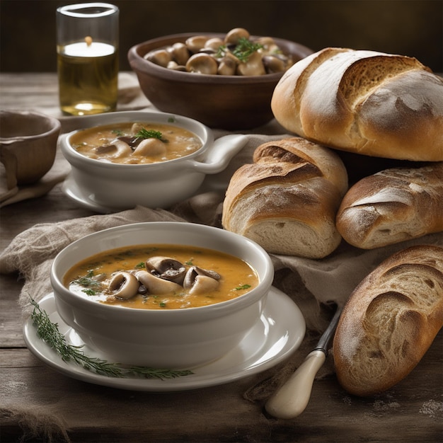 Photo photographie alimentaire italienne soupe au pain et aux champignons
