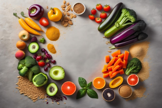 photographie d'aliments sains manger des fruits frais des légumes colorés des graines des céréales superaliments