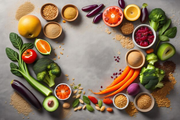 photographie d'aliments sains manger des fruits frais des légumes colorés des graines des céréales superaliments