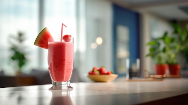 Une photographie alléchante d'un smoothie à la pastèque joliment présenté dans un verre avec une paille colorée rayonnant des saveurs de l'été générées par l'IA