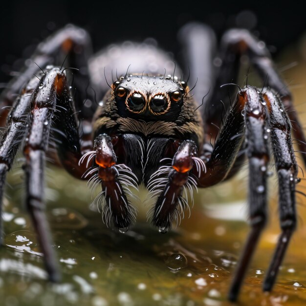 Photographie d'araignée prédateur noir à huit pattes sur une toile de rosée lumière de brume du matin effrayante