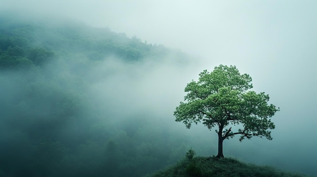 Une photographie d'un arbre solitaire dans une forêt couverte de brouillard