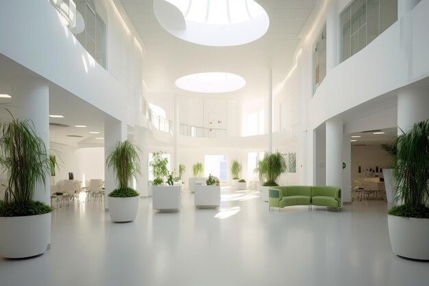 Photo photographie architecturale d'un hôpital où les couleurs blanches prédominent le bien-être et les soins aux personnes image créée avec l'ia