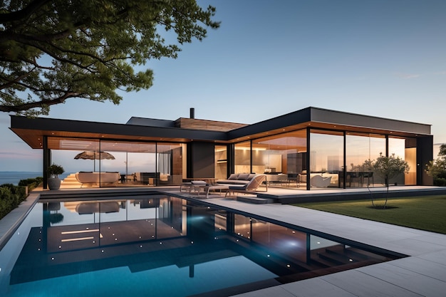 Photographie d'architecture d'une villa moderne conçue avec une esthétique épurée et minimaliste
