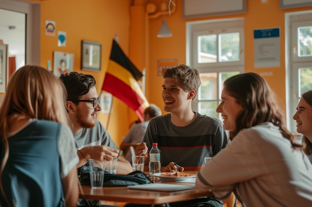 Photographie d'un atelier de langues avec un groupe de 5 Européens qui se parlent occasionnellement.