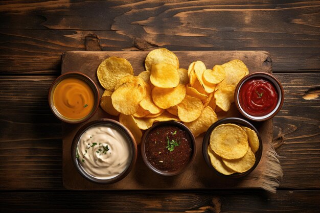 Photographié au-dessus d'une table rustique, il contient des chips avec des trempettes