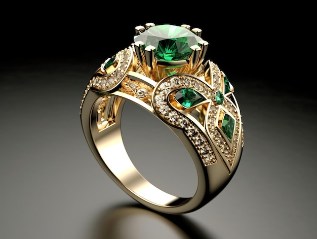 Photographie d'une bague de fiançailles unique en émeraude verte